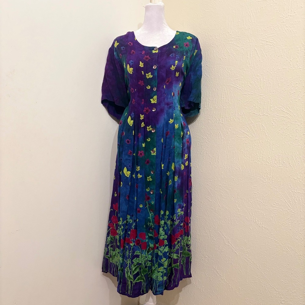 La Cera Purple Blue Tie Dye Watercolor Ikat Floral Butterfly Button Midi Dress